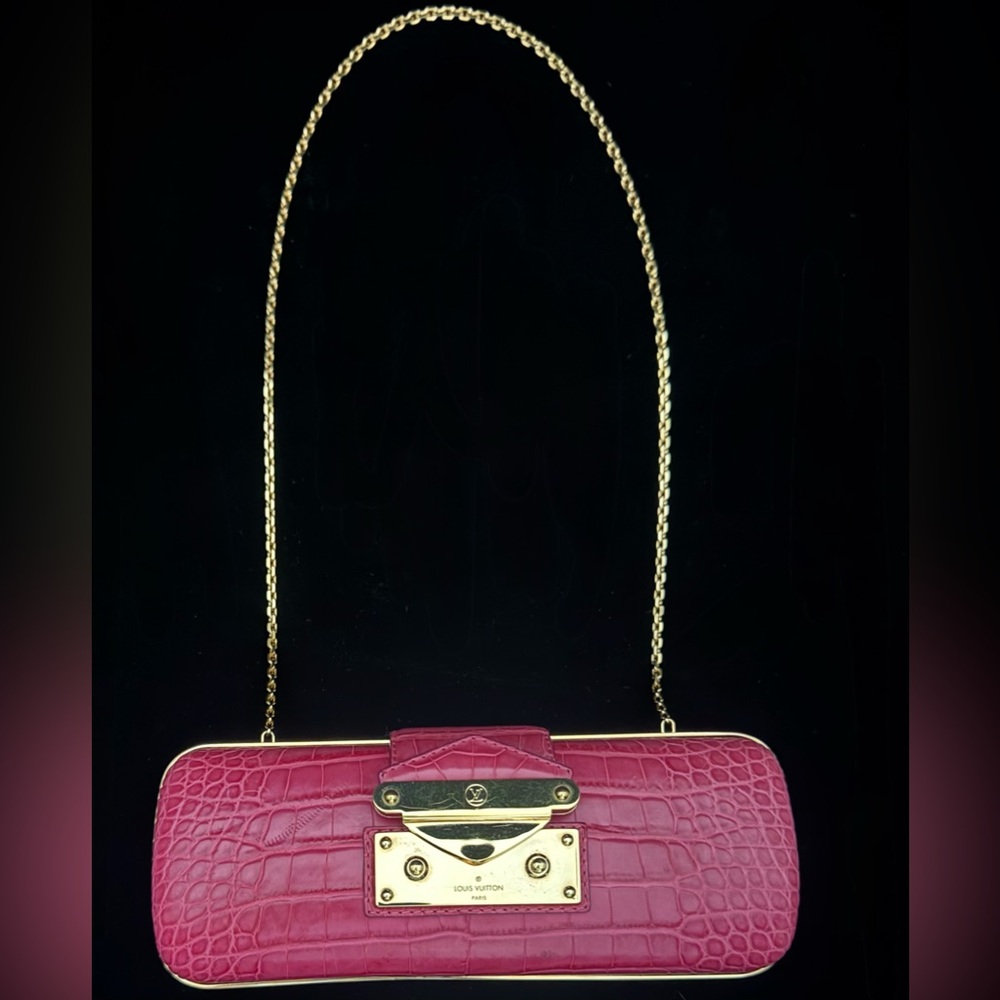 Louis Vuitton Fuchsia Crocodile Clutch with Gold Accents